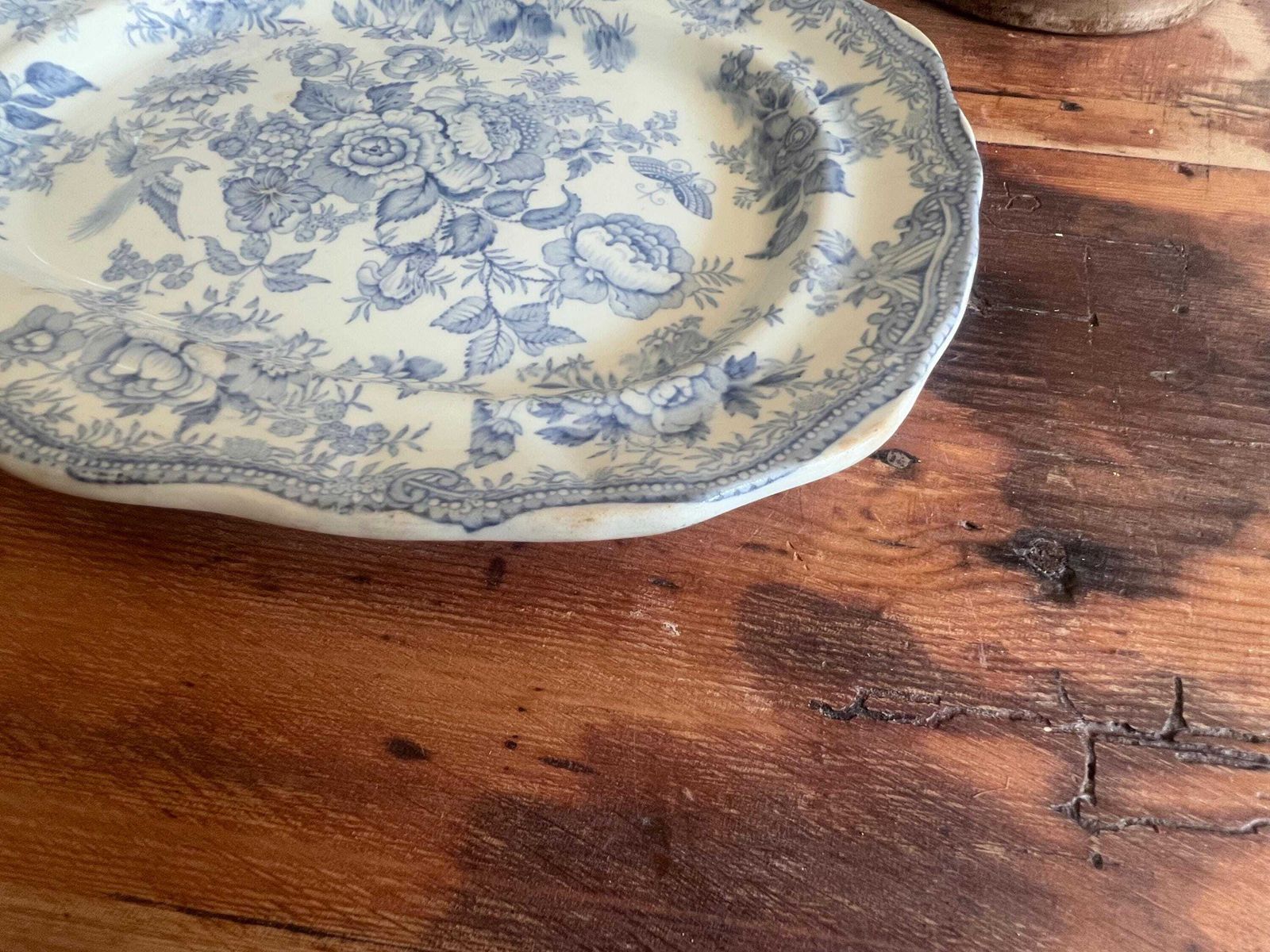 photo furniture Antique Asiatic Pheasants Doulton Burslem Platter, Flow Blue Transferware Serving Plate, Victorian Chinoiserie Scallop Edge Oval Meat Dish