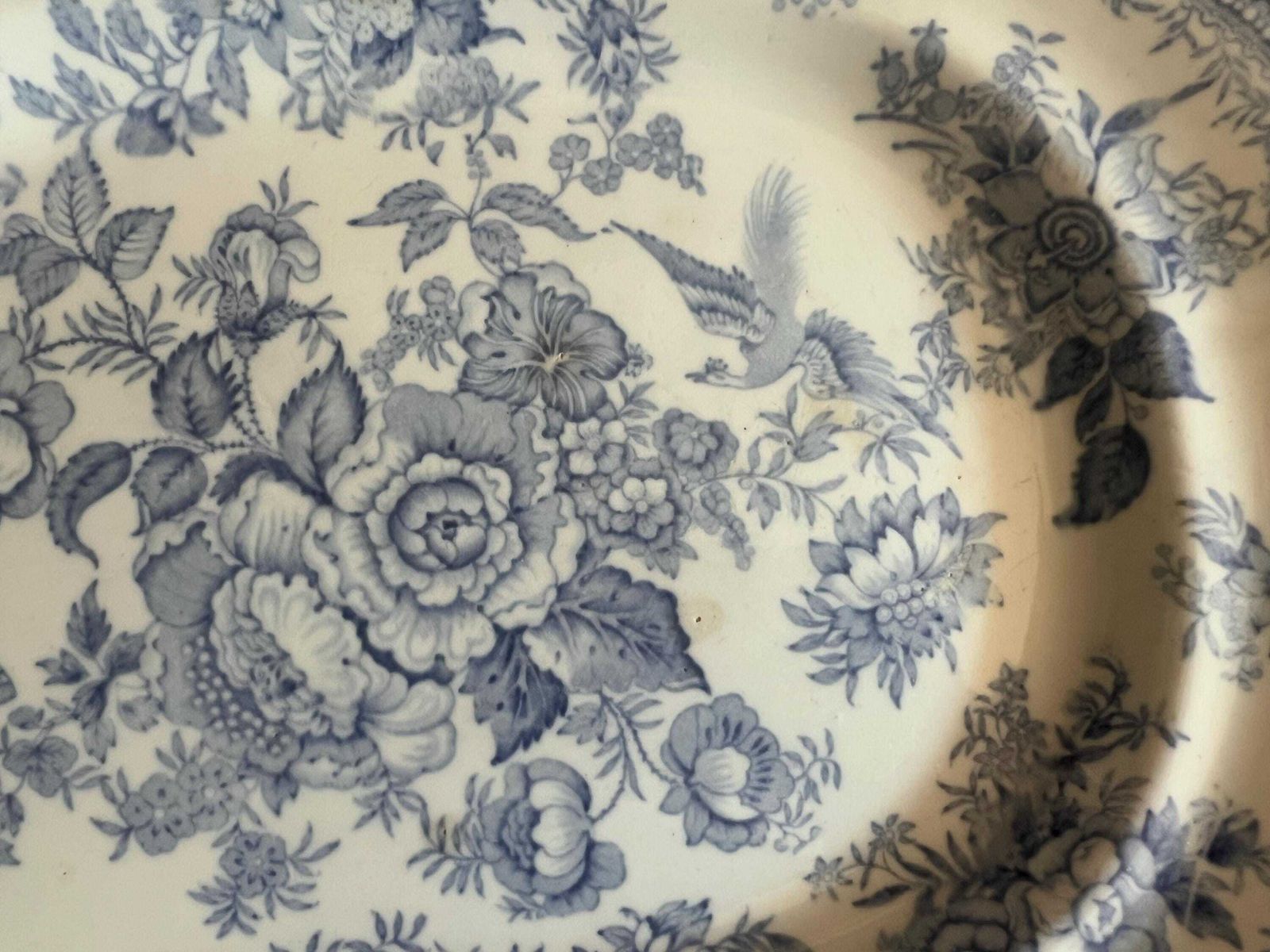 photo vinterior Antique Asiatic Pheasants Doulton Burslem Platter, Flow Blue Transferware Serving Plate, Victorian Chinoiserie Scallop Edge Oval Meat Dish