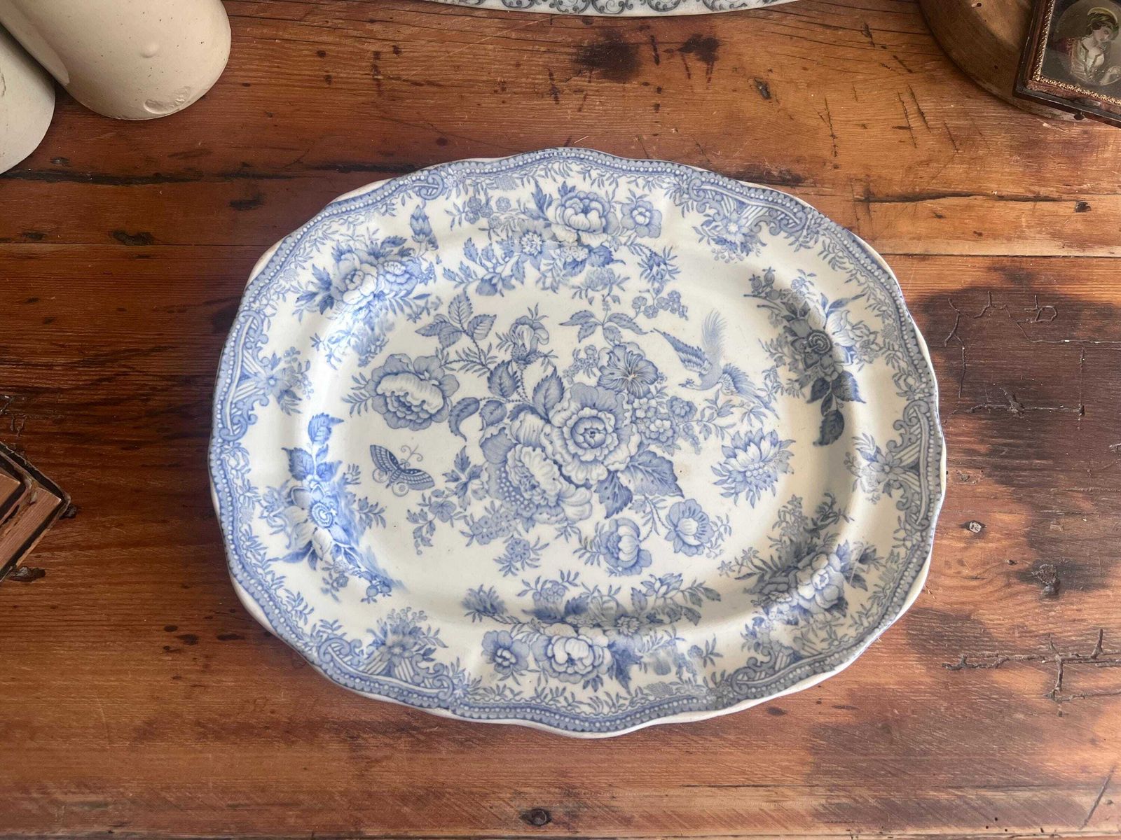 photo vintage Antique Asiatic Pheasants Doulton Burslem Platter, Flow Blue Transferware Serving Plate, Victorian Chinoiserie Scallop Edge Oval Meat Dish