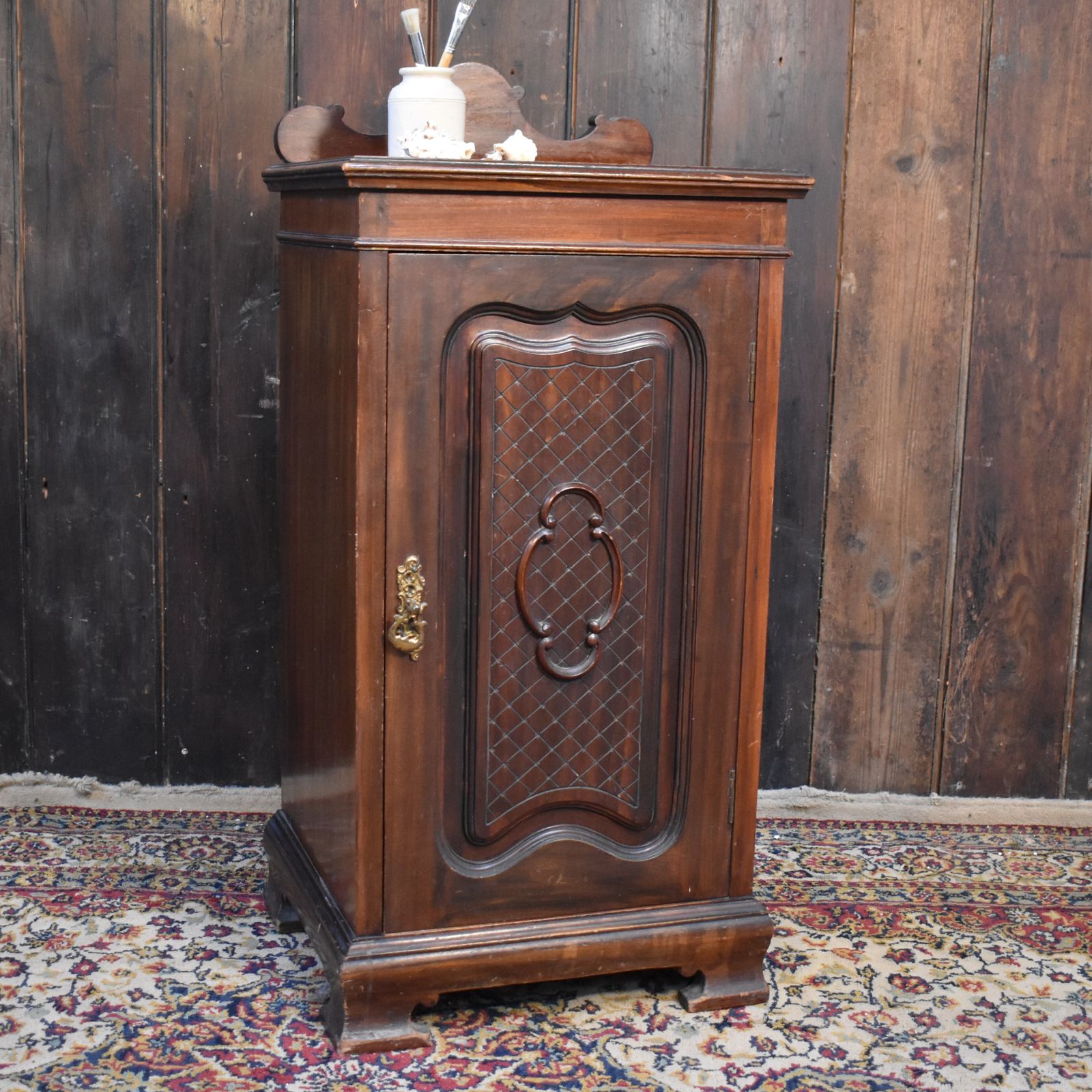 Antique Mahogany Ornate Trellis Carved Nightstand Pot Cupboard Bedside Cabinet