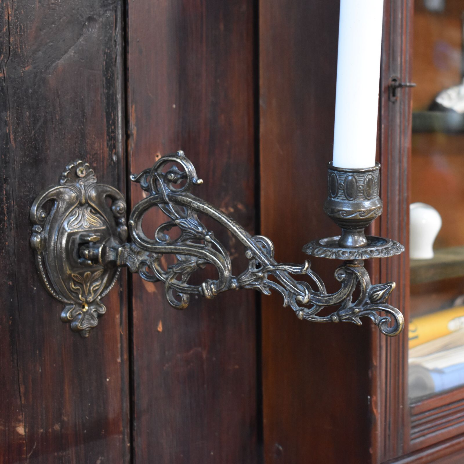Antique Ornate Cast Brass Salvaged Piano Candle Sconces Wall Candlesticks Pair photo 75.0