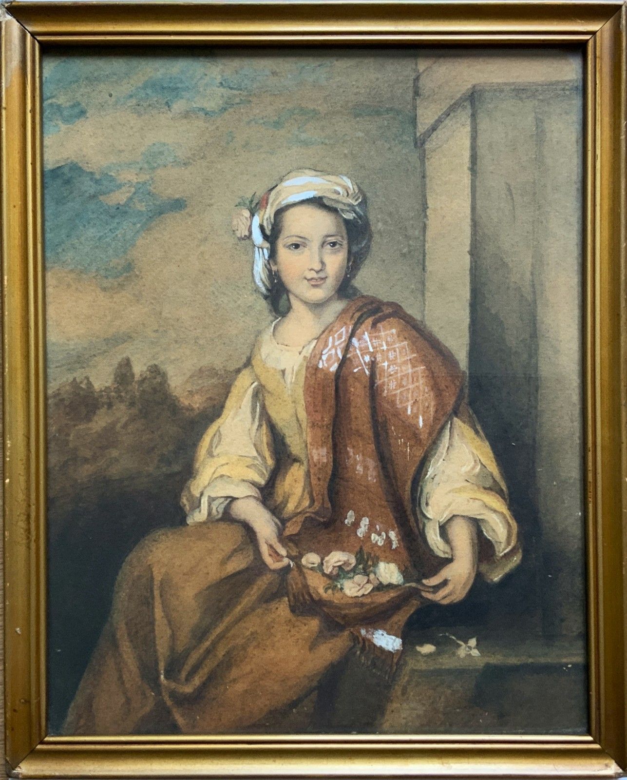 The Flower Girl Spanish Baroque Watercolour Portrait Painting 17th Century Style