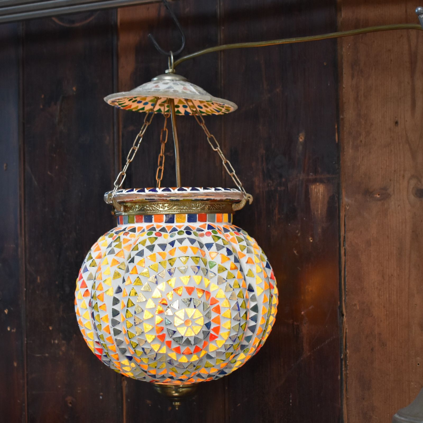 Vintage Handmade Mosaic Glass Pumpkin Hundi Hanging Pendant Light Fully Rewired photo for sale