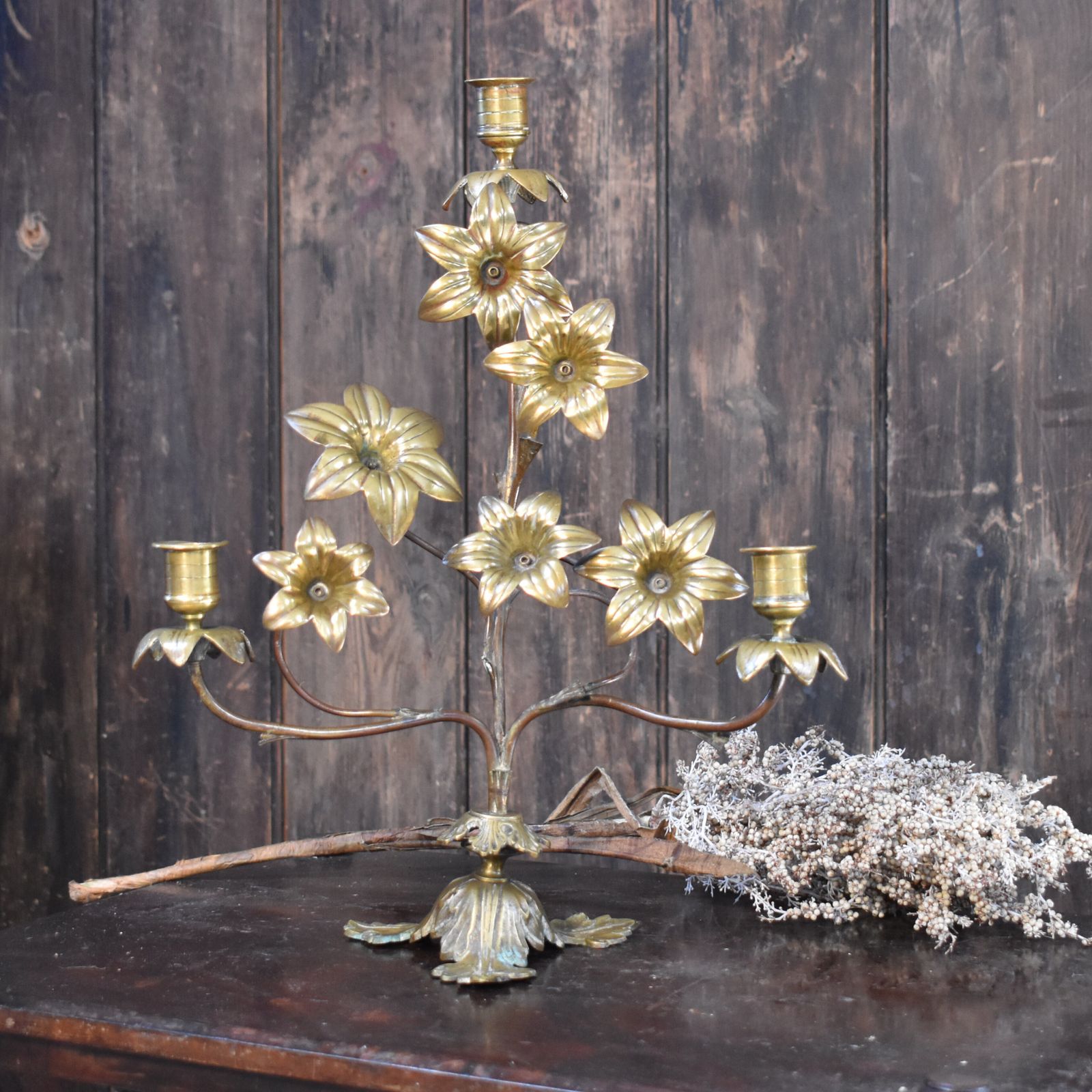 Antique 19th Century French Gilt Metal Tole Floral Three Arm Church Candelabra
