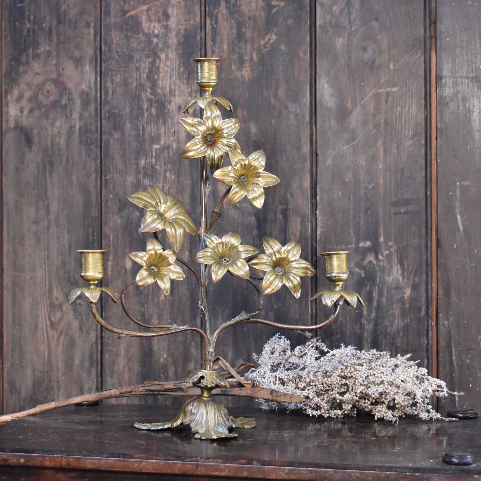 Antique 19th Century French Gilt Metal Tole Floral Three Arm Church Candelabra photo for sale
