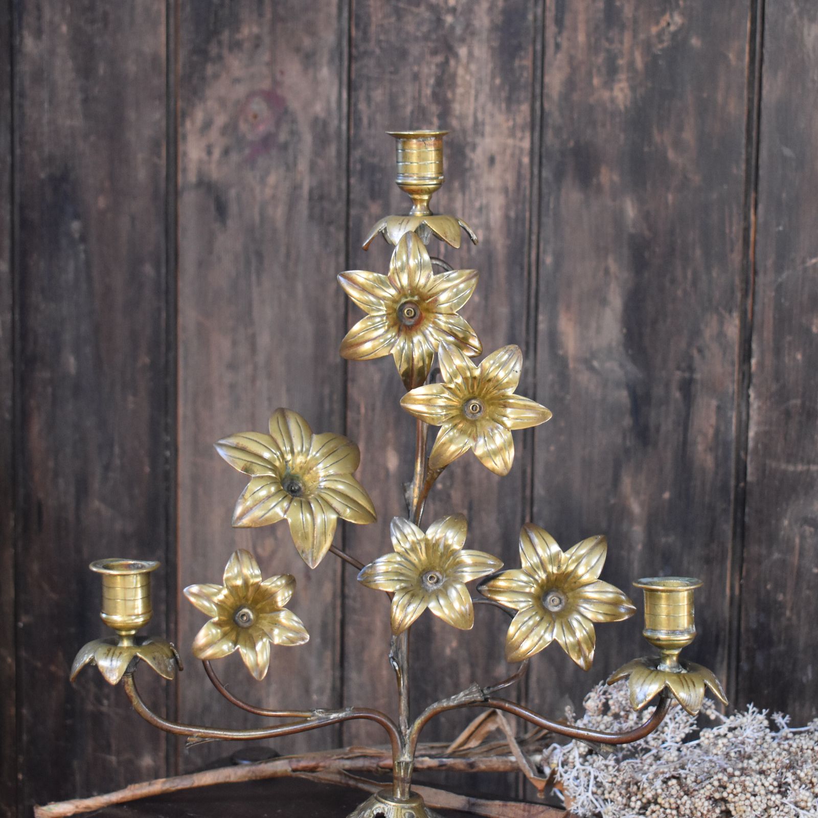 Antique 19th Century French Gilt Metal Tole Floral Three Arm Church Candelabra photo 245.0