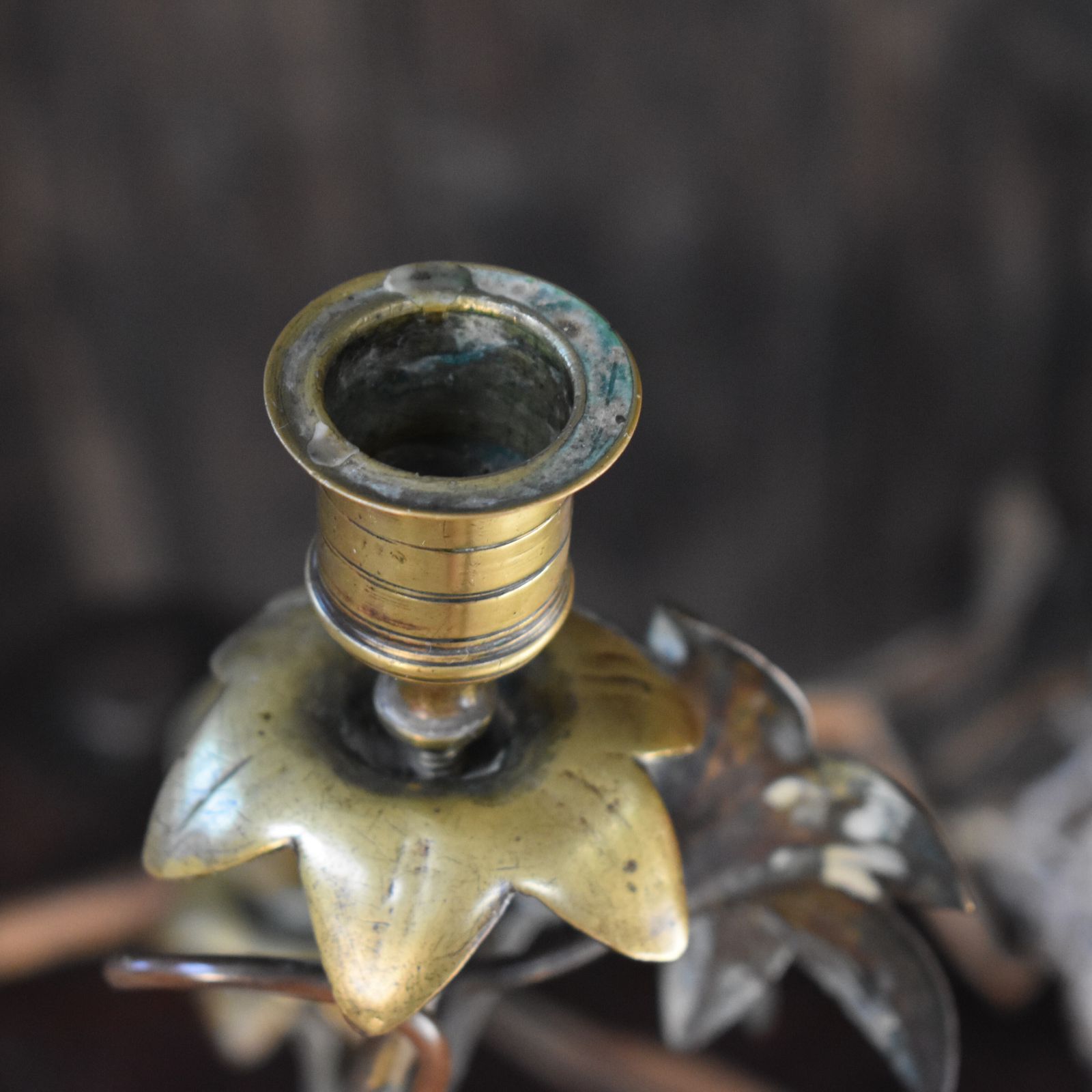 Antique 19th Century French Gilt Metal Tole Floral Three Arm Church Candelabra photo vinterior