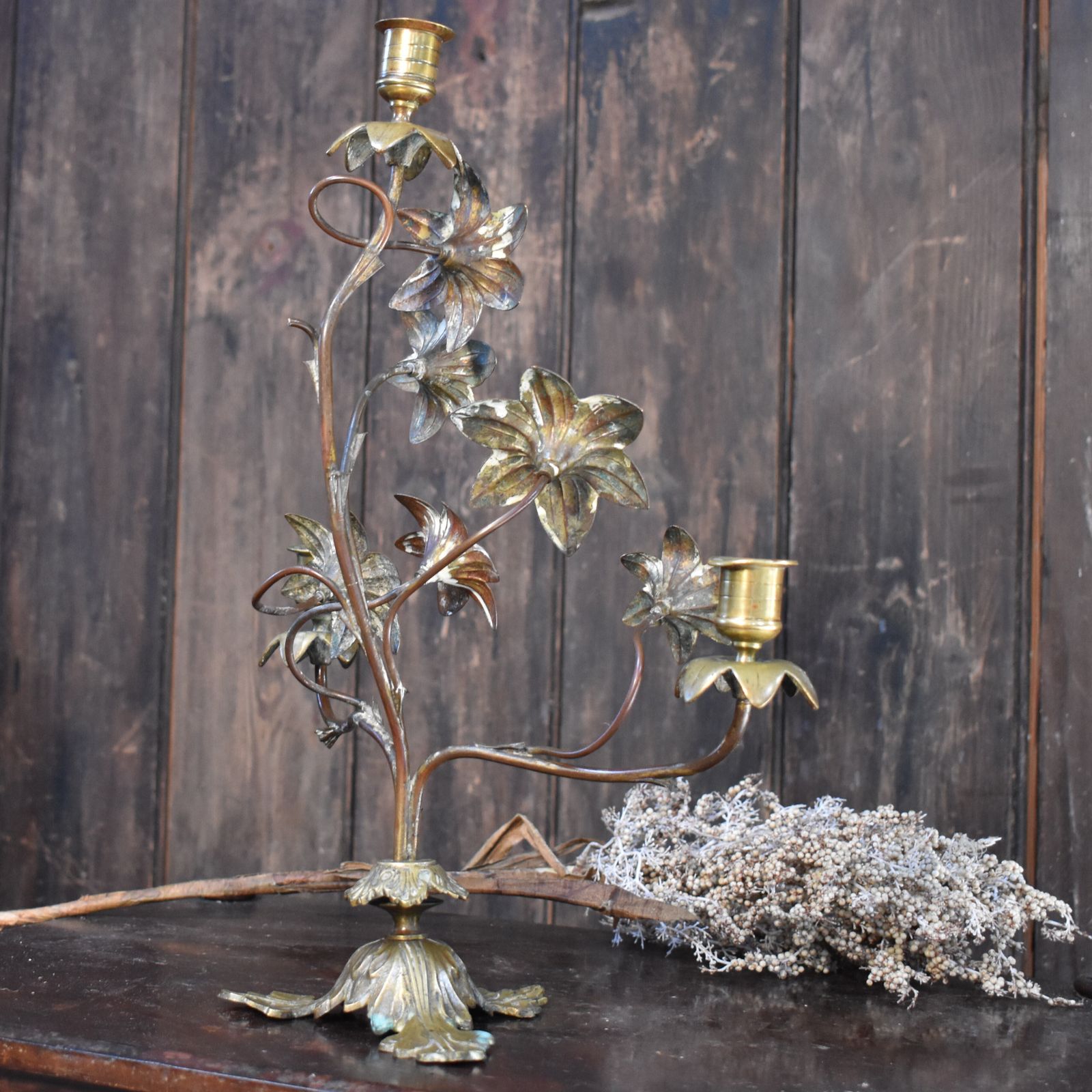 photo for sale Antique 19th Century French Gilt Metal Tole Floral Three Arm Church Candelabra