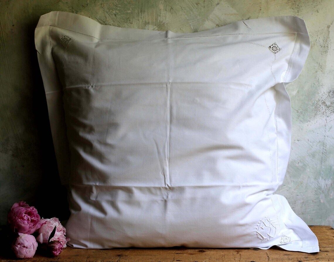 Large French Antique Pillowcase Square White Cotton Embroidered Cushion Cover photo 60.0