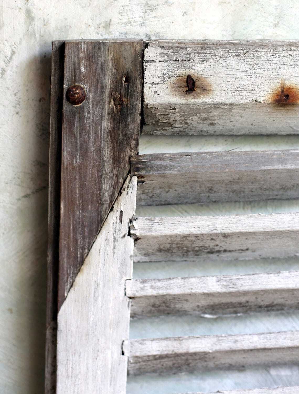 Antique French Wooden Louvres Shutter Old Distressed Door Rustic White Painted Slatted Tall Panel Architectural Salvage Backdrop photo 136.0