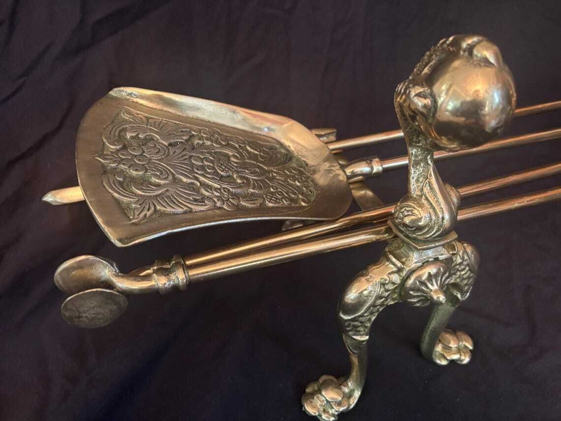 Antique Gilt Brass Fire Tool Set Ball & Claw Poker Tongs Shovel Chenets Or Dogs photo 160.0