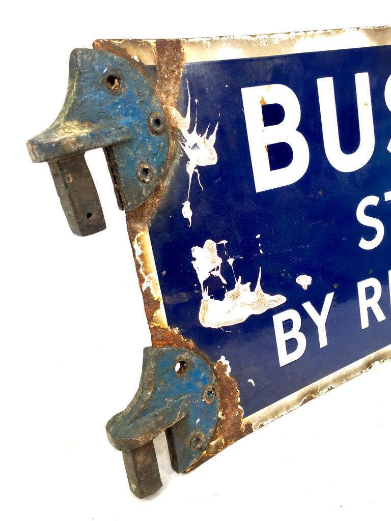 Antique Double Sided Blue & White Enamel Bus Stop Sign Busses Stop By Request photo 195.0