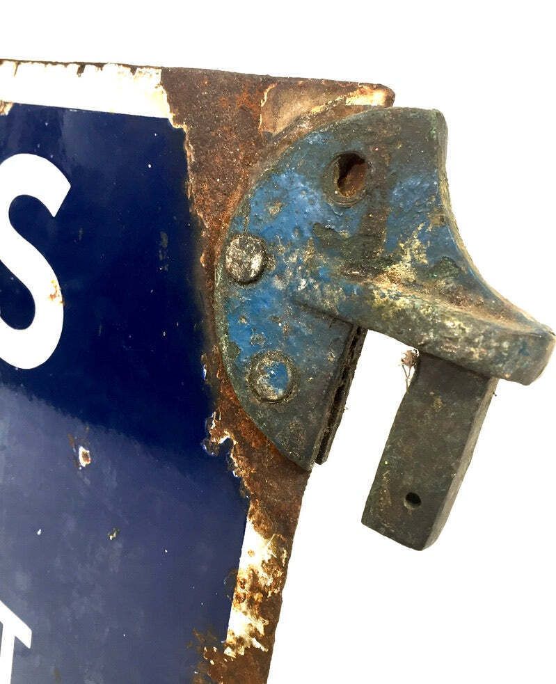 photo furniture Antique Double Sided Blue & White Enamel Bus Stop Sign Busses Stop By Request