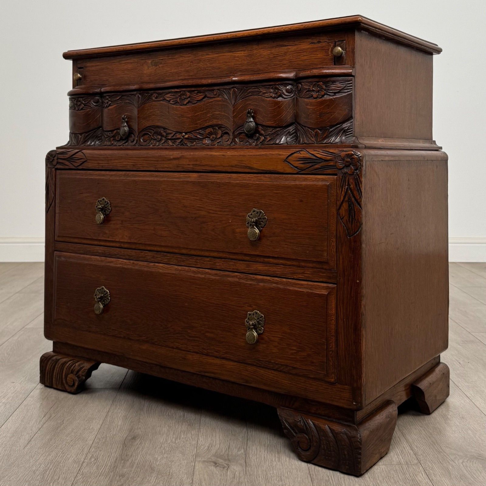 Antique 20th Century Carved Oak Chest Of Drawers ( Af 5565 ) photo furniture