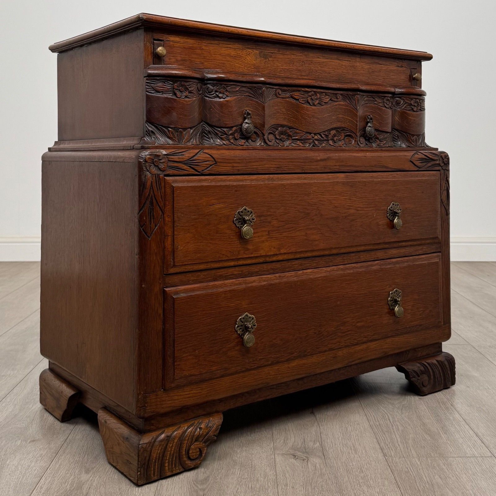 Antique 20th Century Carved Oak Chest Of Drawers ( Af 5565 ) photo vintage