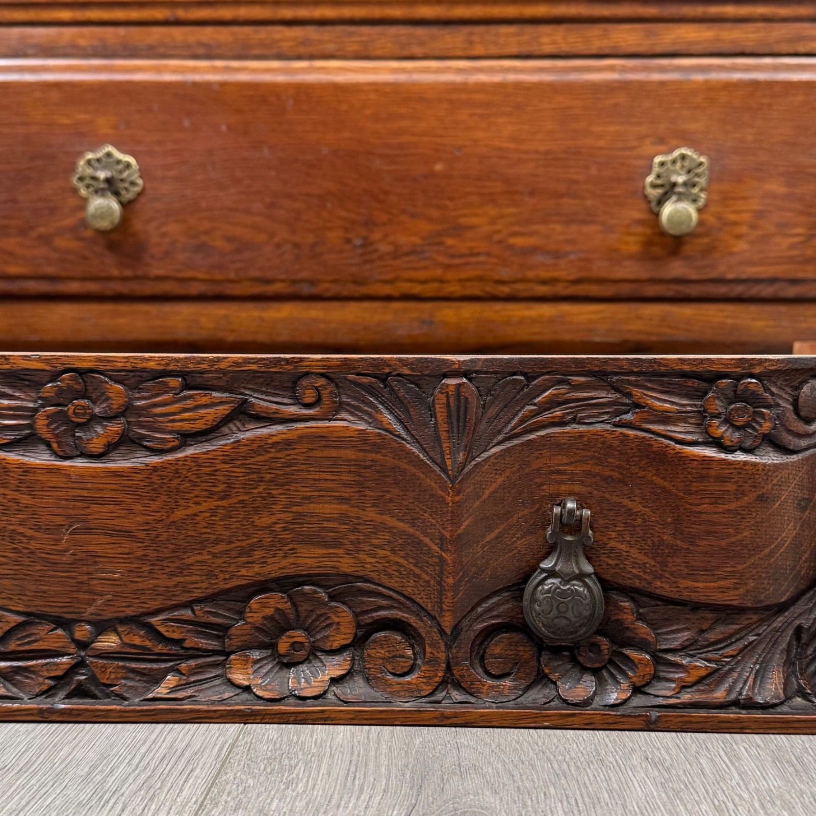 Furniture Antique 20th Century Carved Oak Chest Of Drawers ( Af 5565 ) photo
