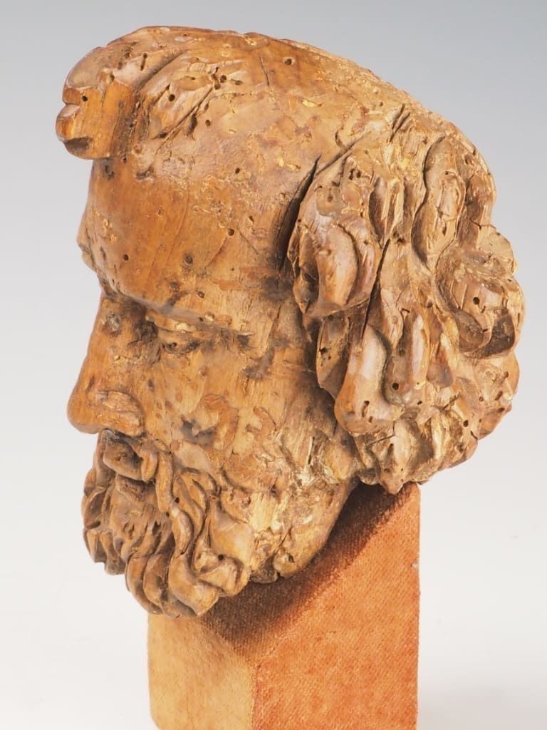 16th Century Carved Wooden Head Of A Philosopher / Religious Figure photo furniture