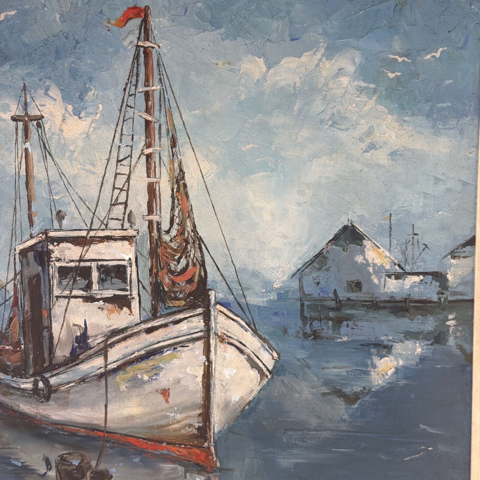 Original Oil Painting By Moop Mid Century Fishing Boat Scene photo for sale