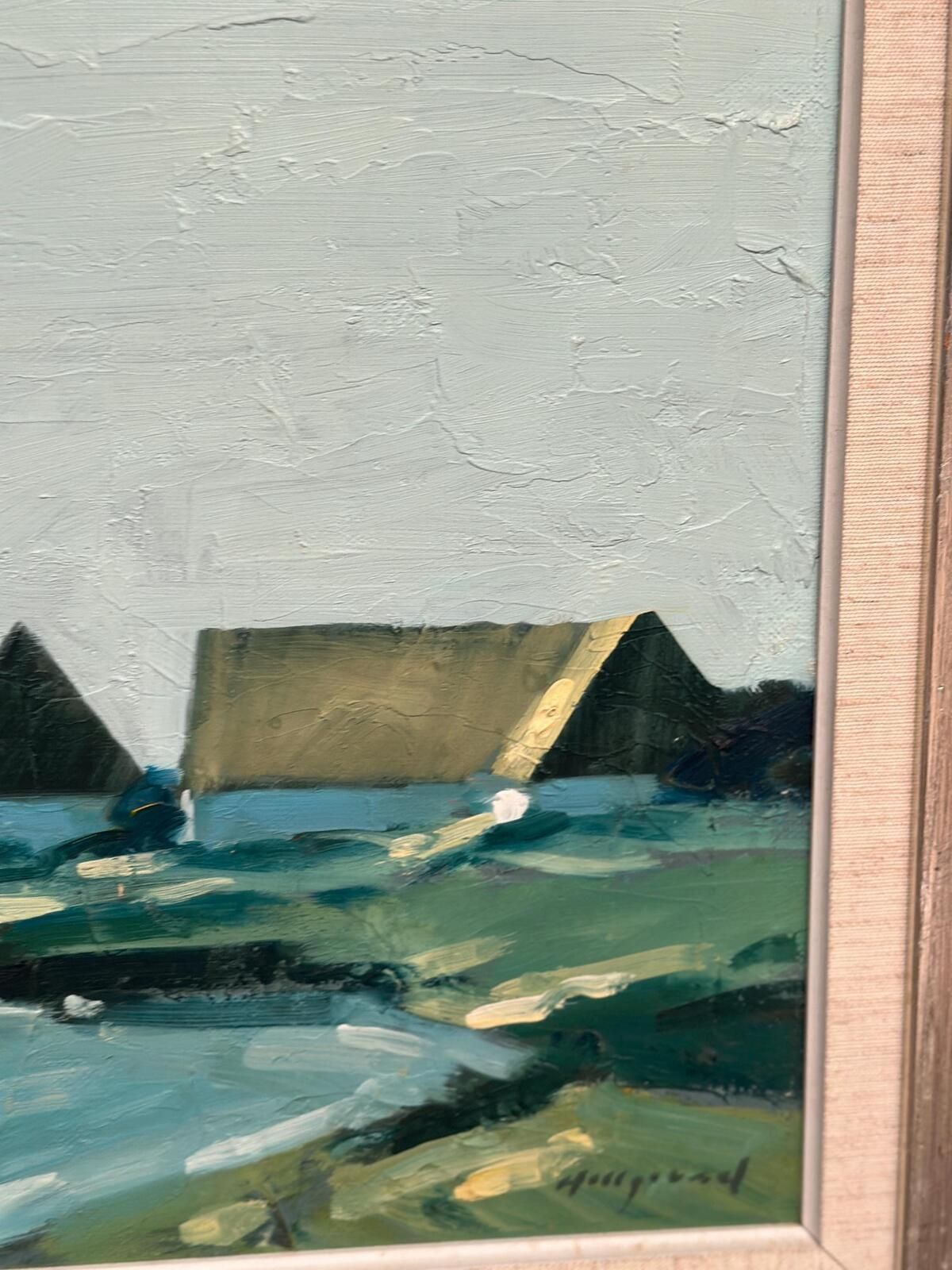 photo vinterior Original Swedish Oil On Canvas – “Farm By The Lake” By Bengt Hillgrund – Vintage & Framed – 58 × 51 Cm (22.8" × 20.1")