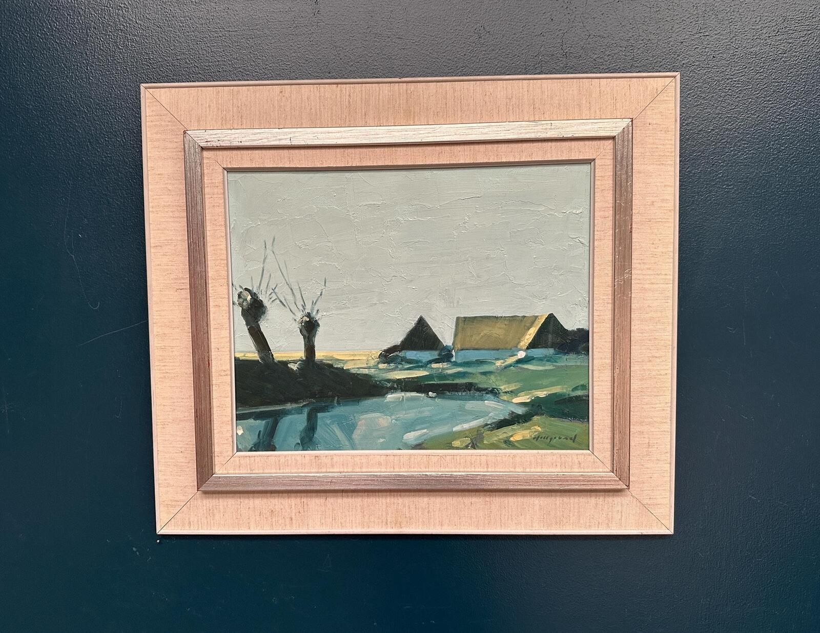 photo vintage Original Swedish Oil On Canvas – “Farm By The Lake” By Bengt Hillgrund – Vintage & Framed – 58 × 51 Cm (22.8" × 20.1")