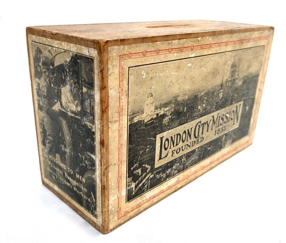 Antique London City Missionary Society Collection Money Box Missions To Men 1965 photo furniture