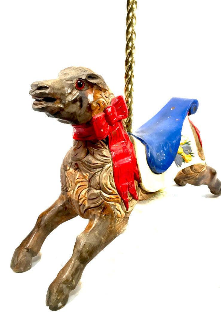Antique Salvaged Fairground Ride Merry Go Round Wooden Carved Horse & Brass Pole photo for sale