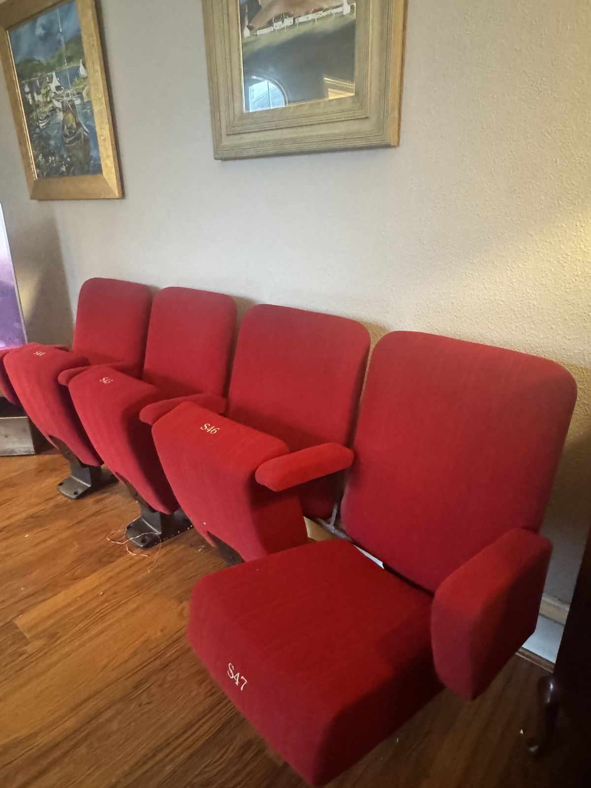 Row Of 4 Red Velvet Theatre Seats From Scottish Theatre photo for sale