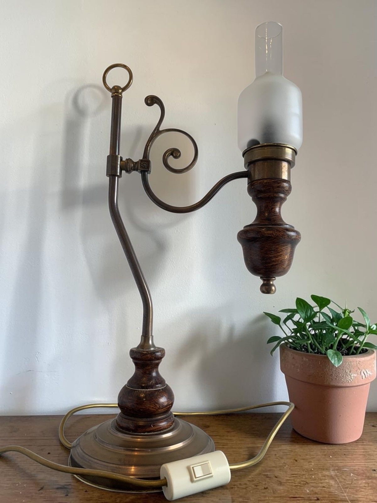 Vintage Art Nouveau "Student" Style Brass & Wood Table Lamp With Glass Shade photo buy