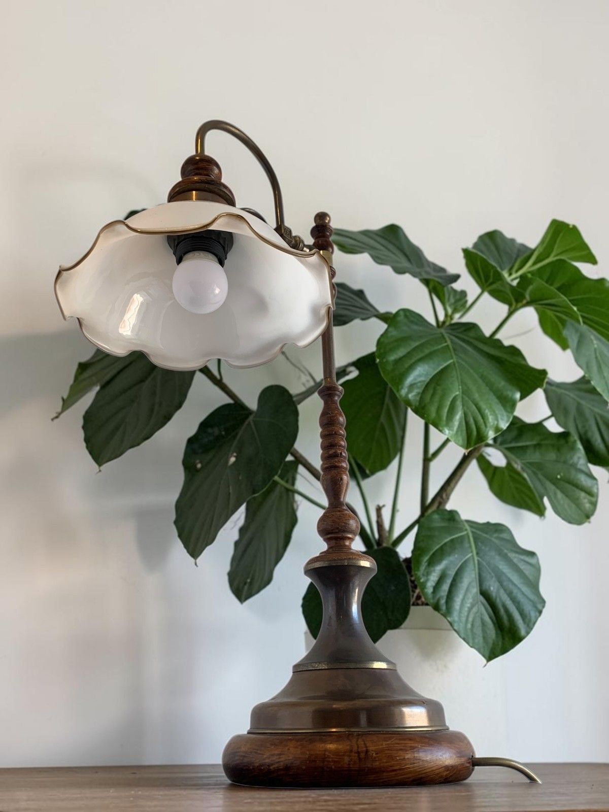 Vintage Art Nouveau Style Brass & Turned Wood Table Lamp With Glass Shade photo furniture