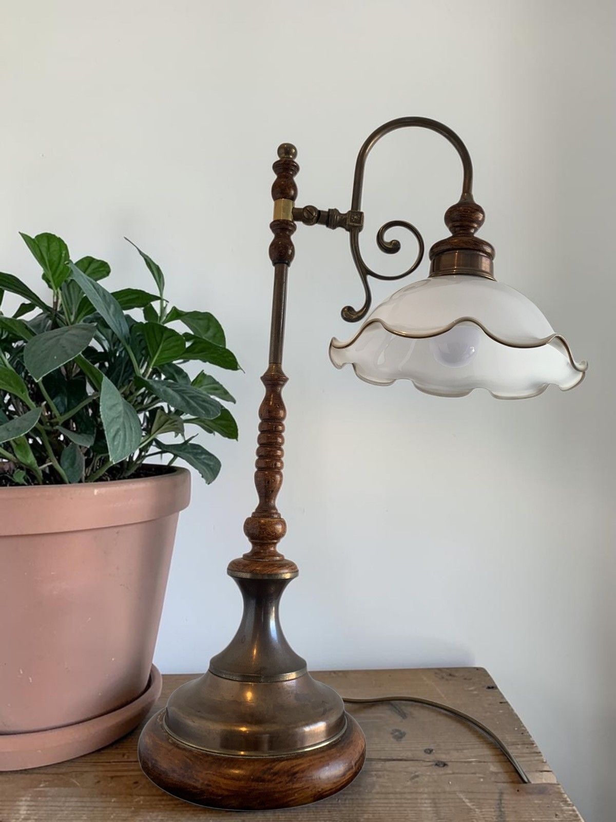 Vintage Art Nouveau Style Brass & Turned Wood Table Lamp With Glass Shade photo for sale