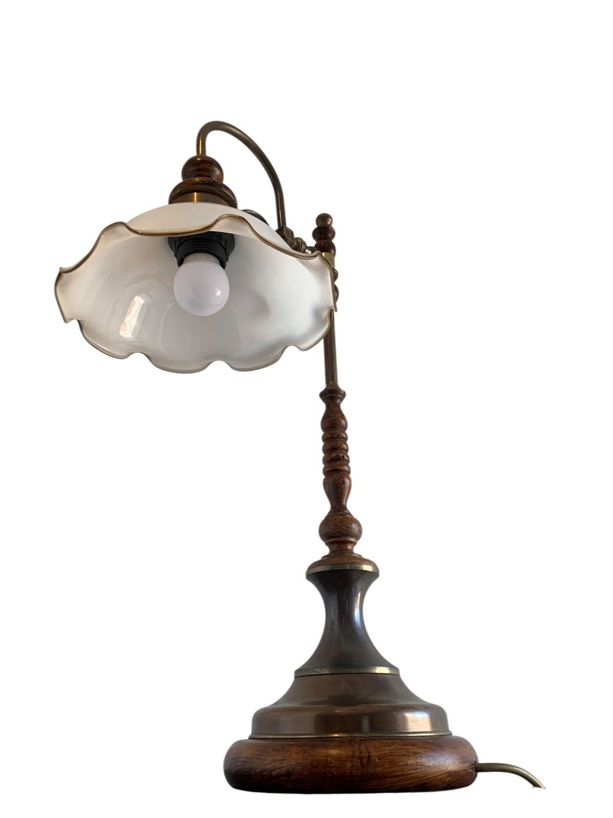Lighting Vintage Art Nouveau Style Brass & Turned Wood Table Lamp With Glass Shade photo