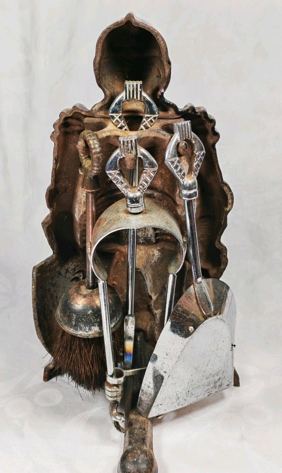 Vintage Iridescent Knight Fireside Companion Set Cast Iron Fireplace Tools photo 100.0