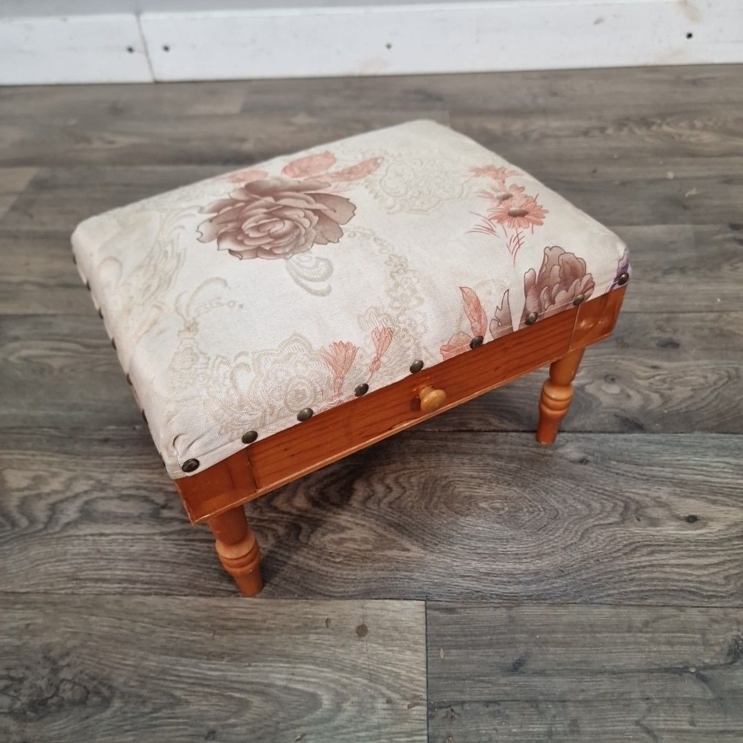 Vintage Upholstered Foot Stool Sewing Box Drawer Storage Bench Retro Wooden photo furniture