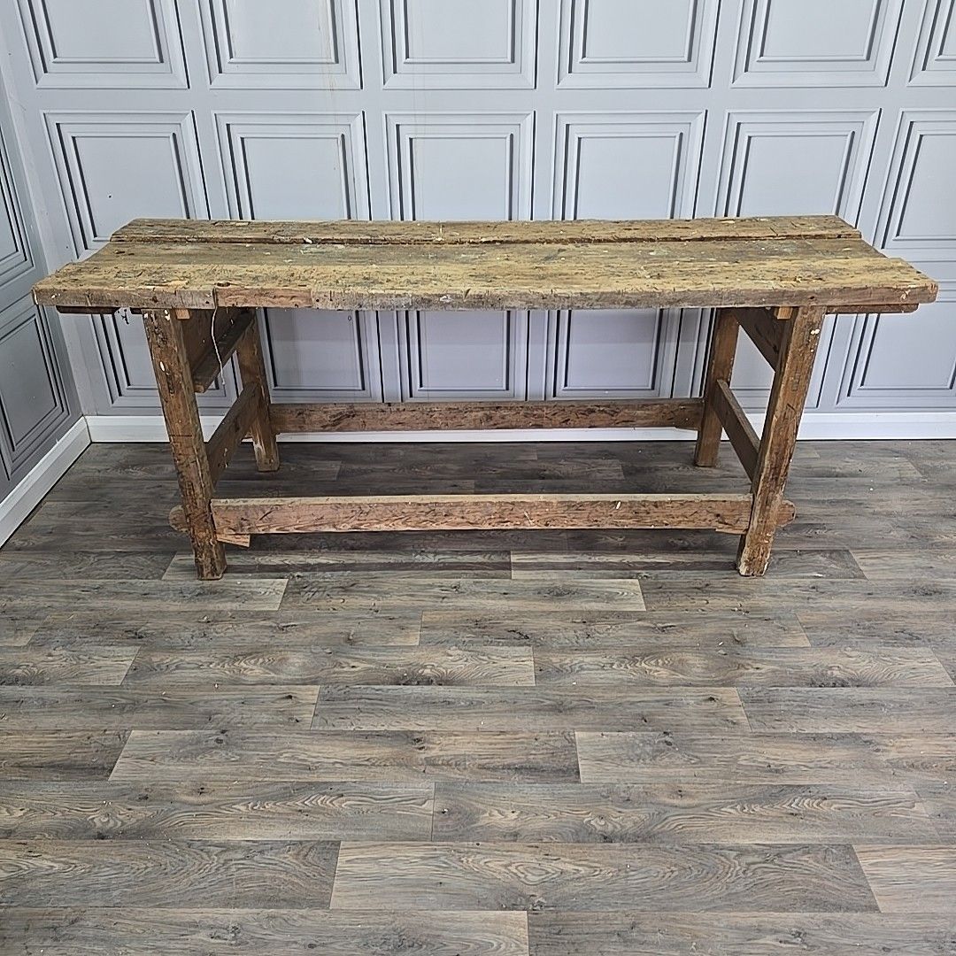 photo for sale Vintage Industrial Wood Workbench – Rustic Table Kitchen Island Factory Antique
