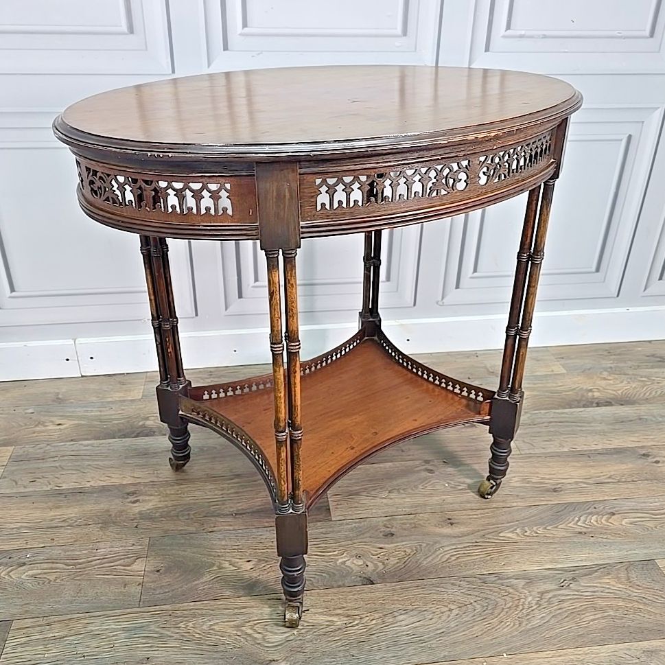Antique Mahogany Occasional Table – Faux Bamboo Aesthetic Wood Pierced Fretwork