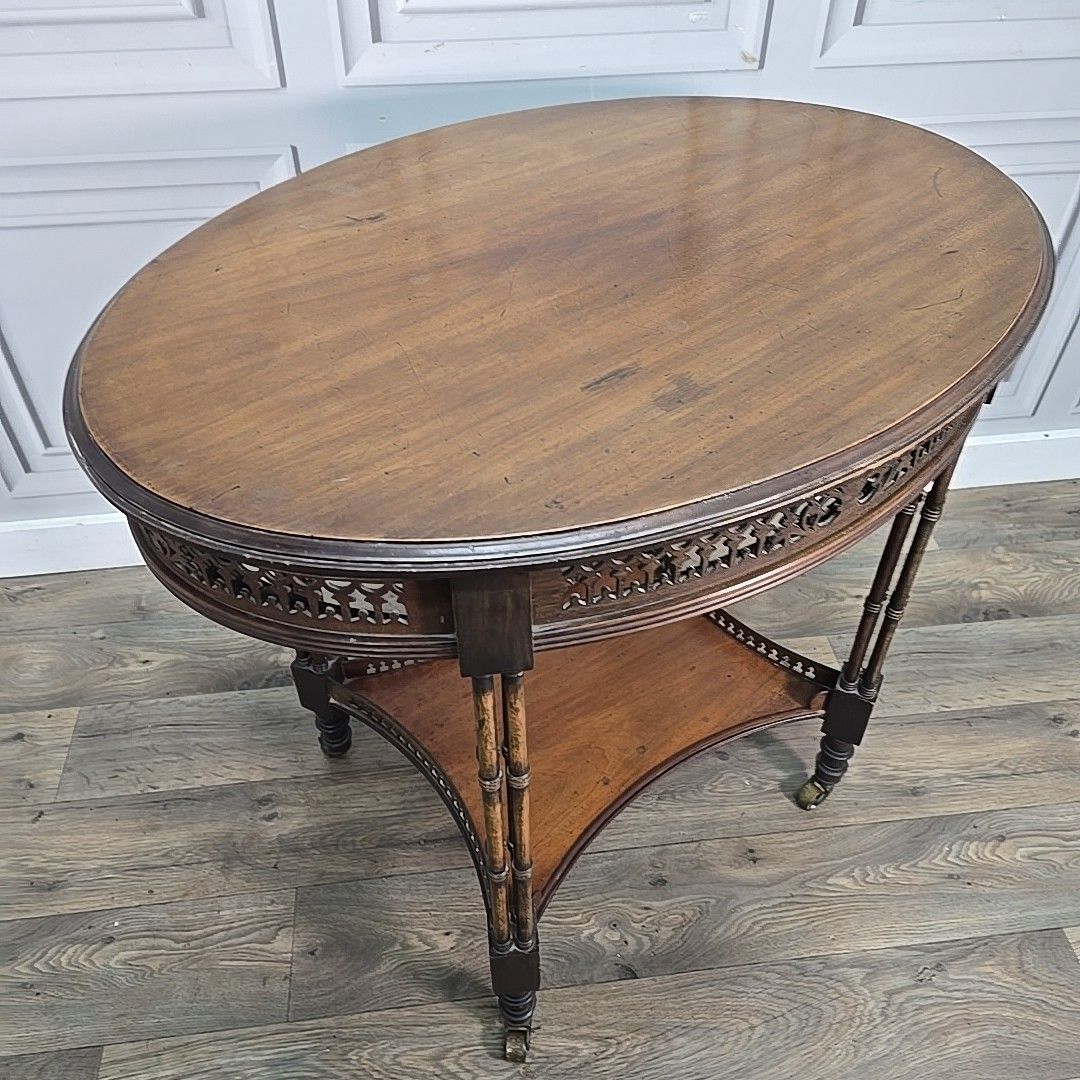 Antique Mahogany Occasional Table – Faux Bamboo Aesthetic Wood Pierced Fretwork photo furniture