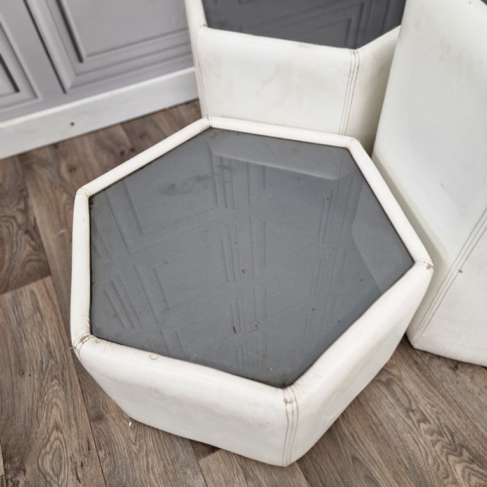 Vintage Set Of Tables Mid Century Modern White Leather Hexagonal Smoked Glass photo Furniture