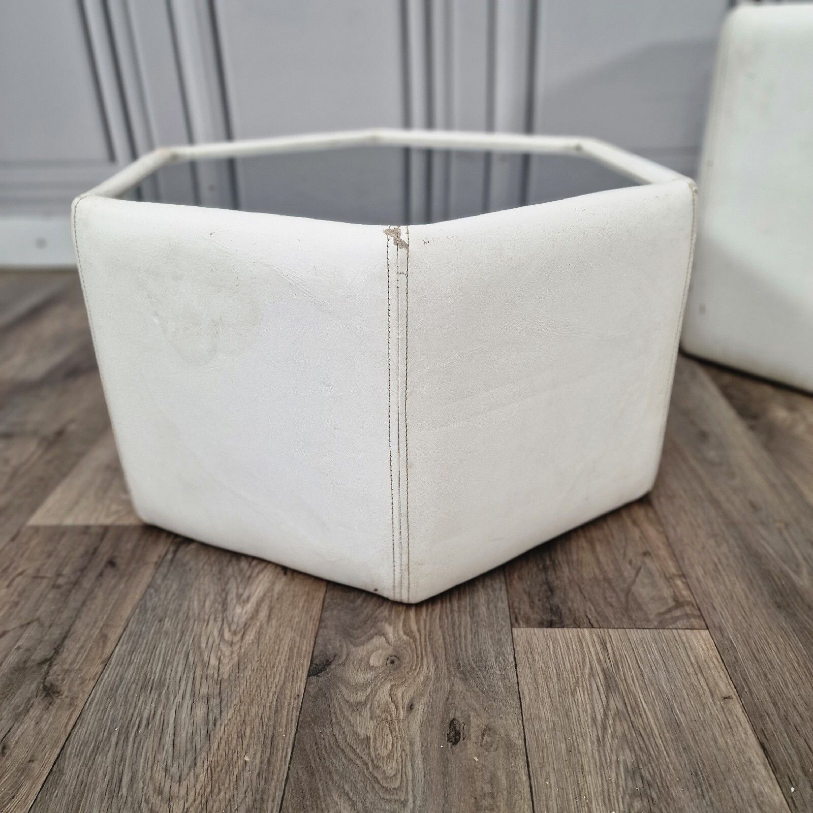 photo for sale Vintage Set Of Tables Mid Century Modern White Leather Hexagonal Smoked Glass