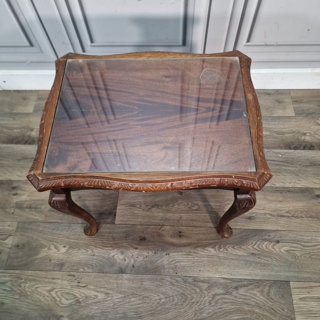 Pair Antique Style Tables Carved Wooden Side Bedside Cabriole Legs Glass Tops photo vinterior