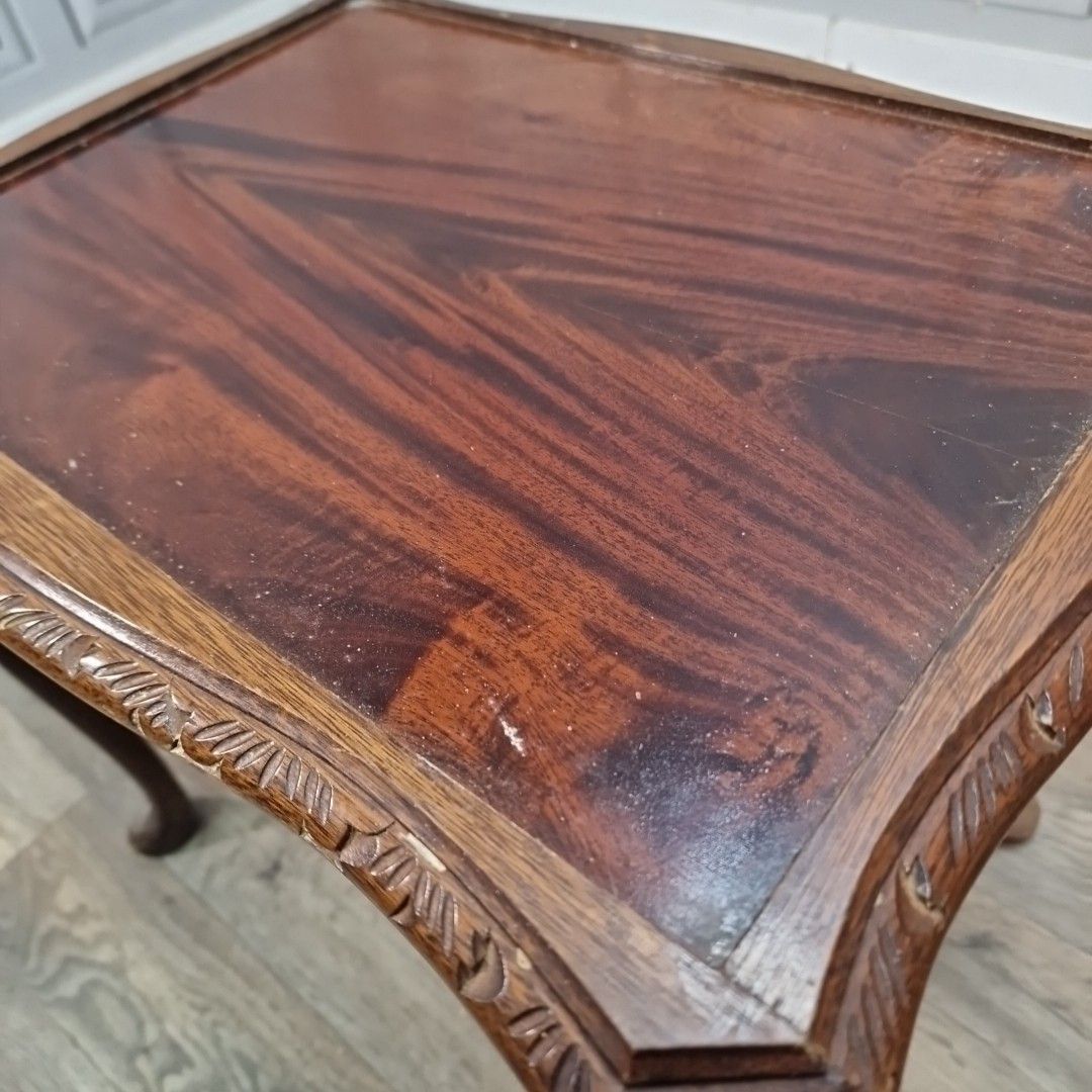 photo for sale Pair Antique Style Tables Carved Wooden Side Bedside Cabriole Legs Glass Tops