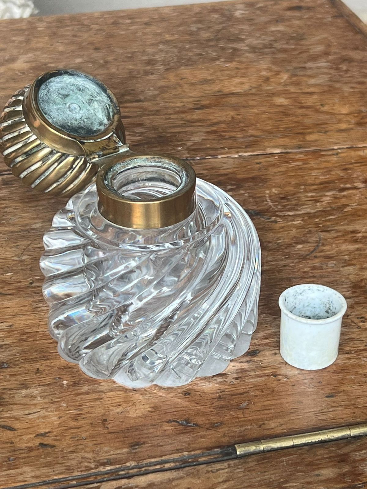 photo for sale Antique French Baccarat Crystal And Brass Inkwell