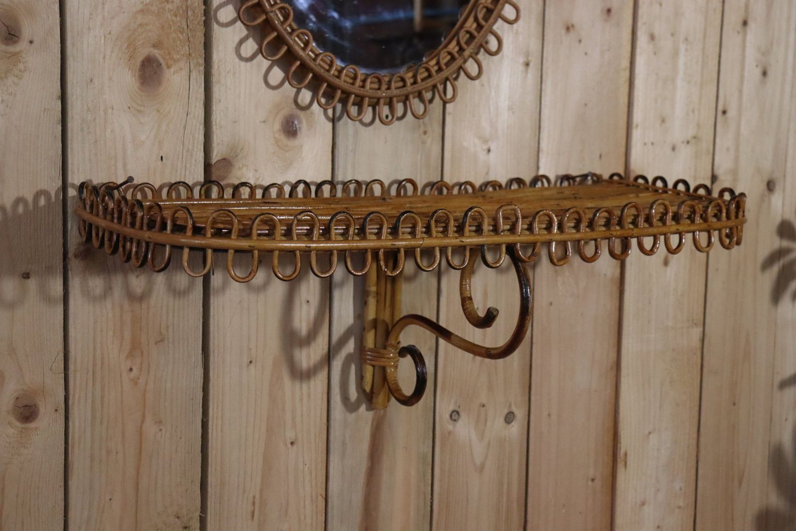 Mirror With Rattan Side Table In The Style Of Franco Albini, 1950, Set Of 2 photo 1561.0
