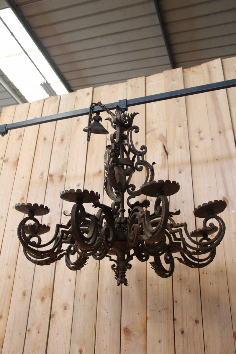 19th Century Wrought Iron Chandelier With Coat Of Arms photo furniture