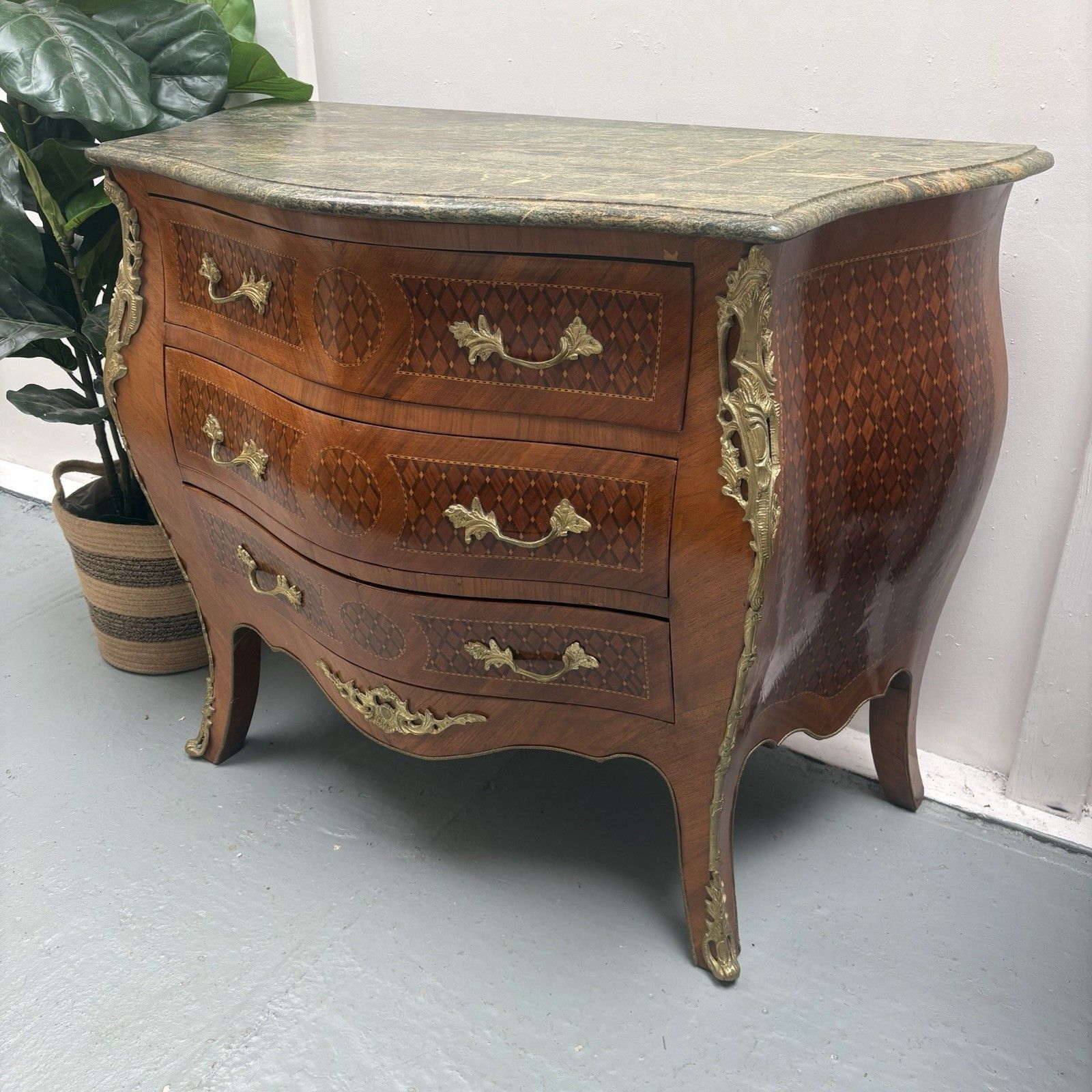Antique French Louis XV Style Marble Top Bombe Commode Chest Of Three Drawers