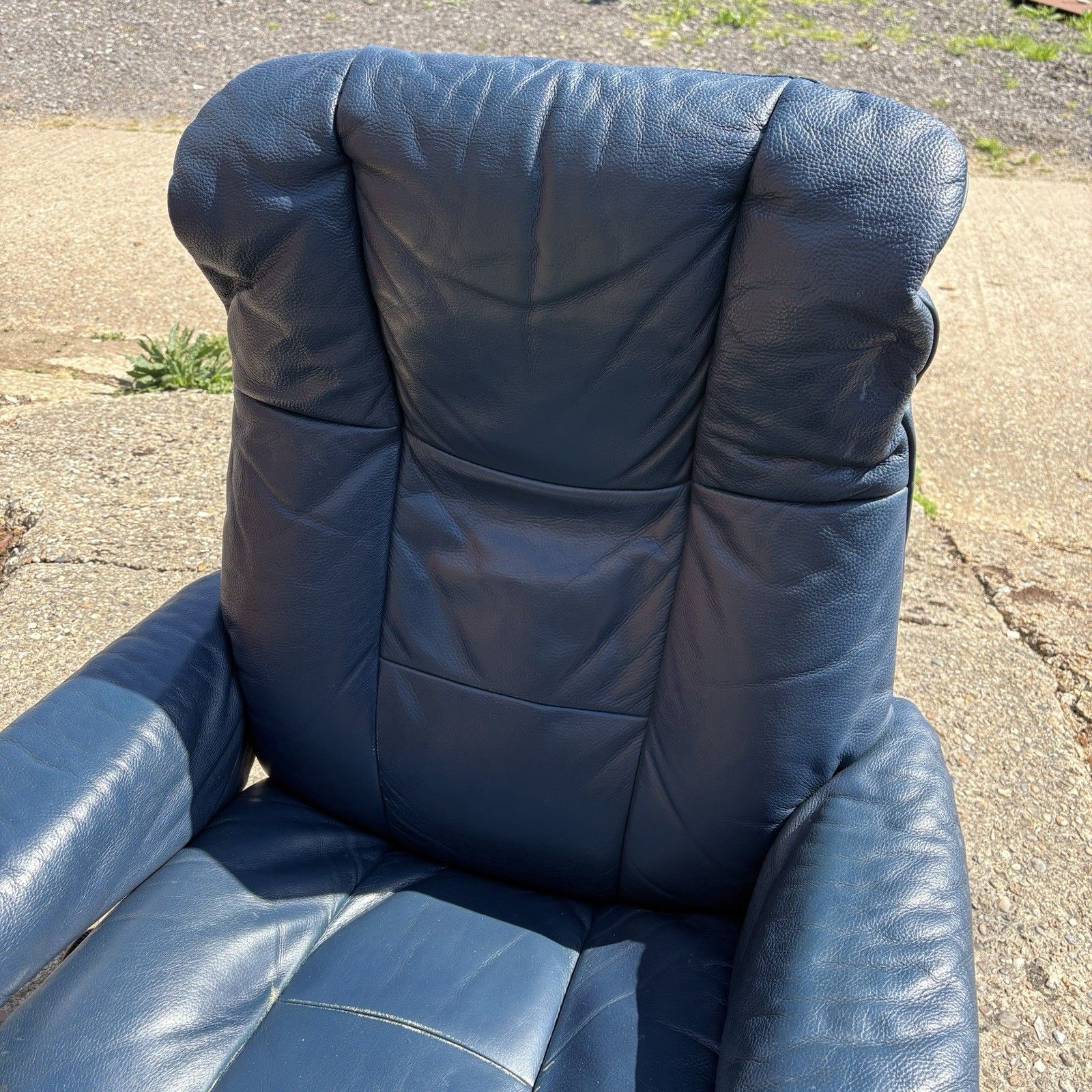 Pair Blue Leather Ekornes Stressless Windsor Teak Frame Recliner Chairs & Stool photo vintage