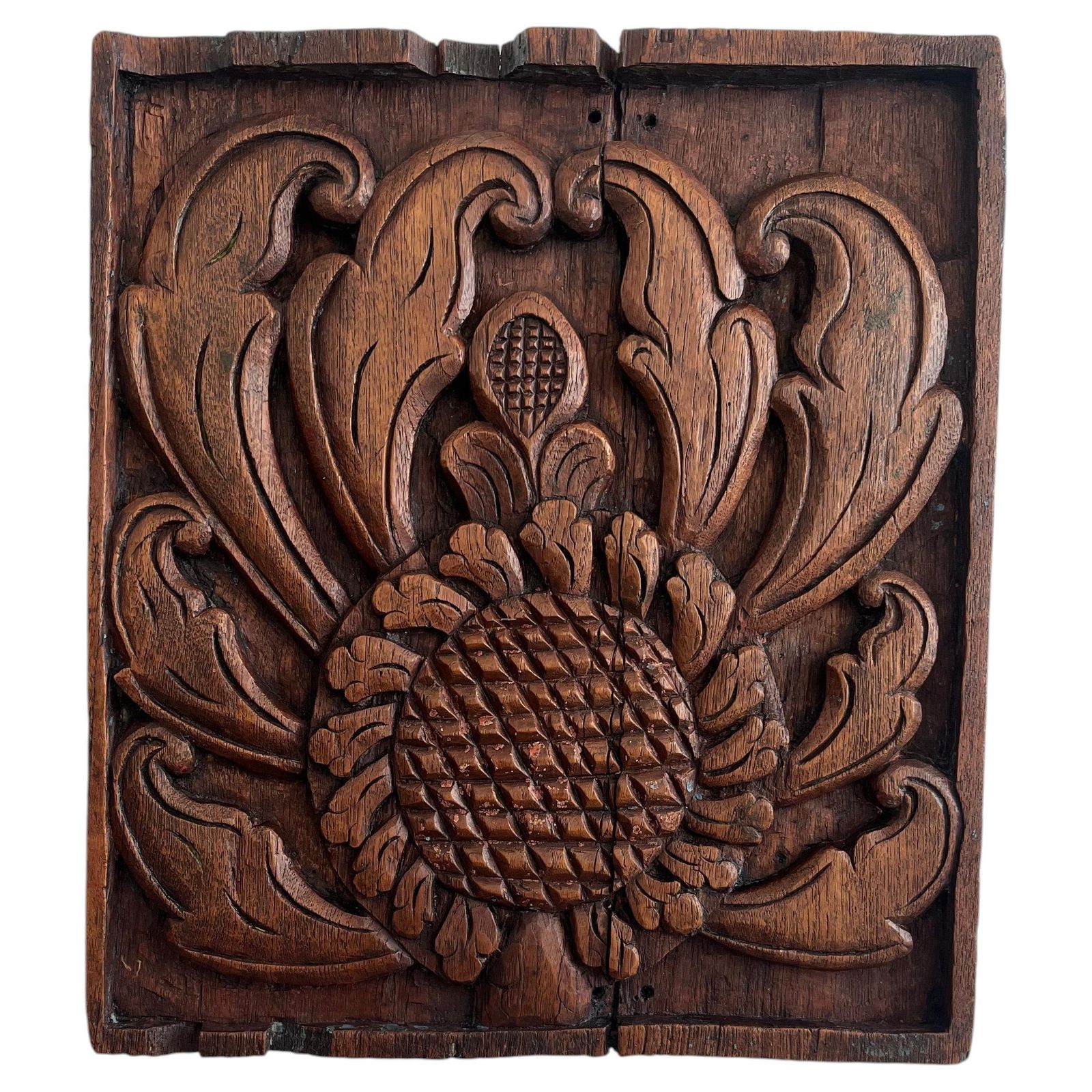 Antique Hand Carved Oak Panel, Sunflower And Leaves, Probably French 18th C