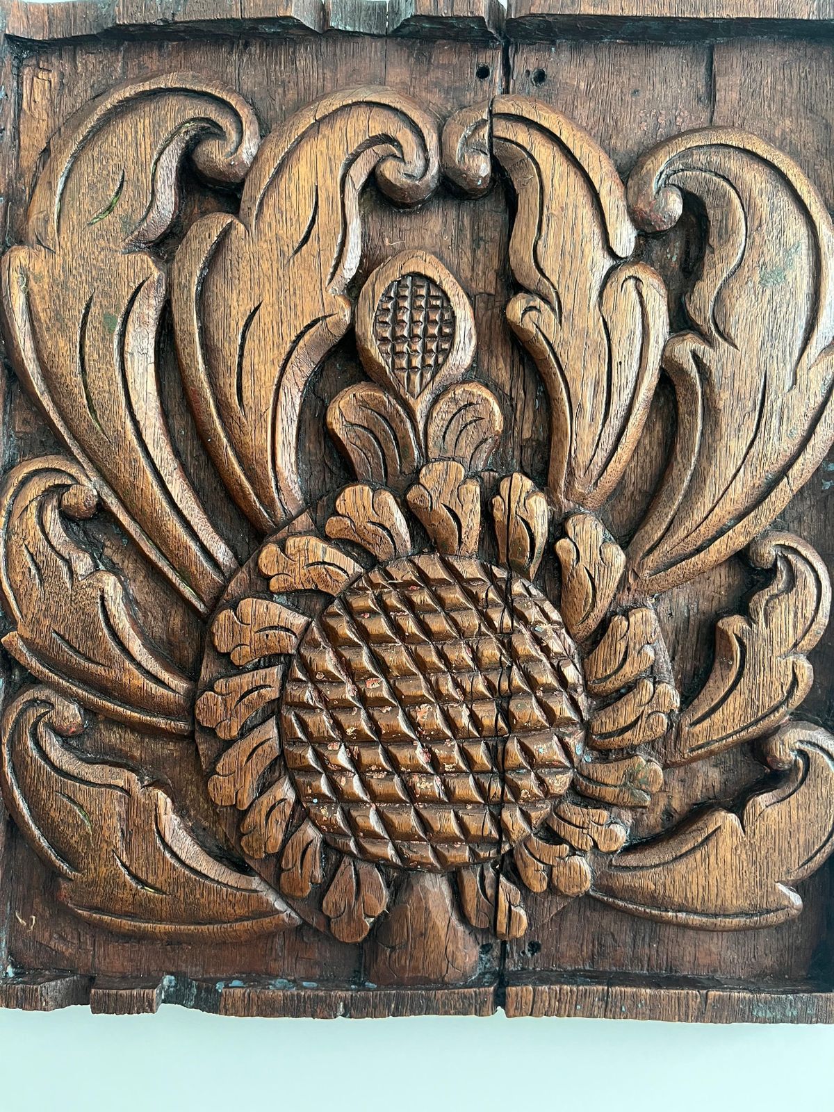 Antique Hand Carved Oak Panel, Sunflower And Leaves, Probably French 18th C photo furniture