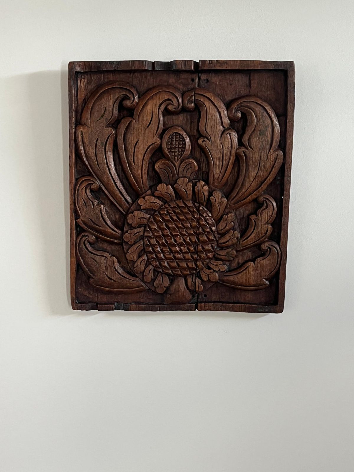Antiek handgesneden eikenhouten paneel, zonnebloem en bladeren, waarschijnlijk Frans, 18e eeuw photo 1683.0