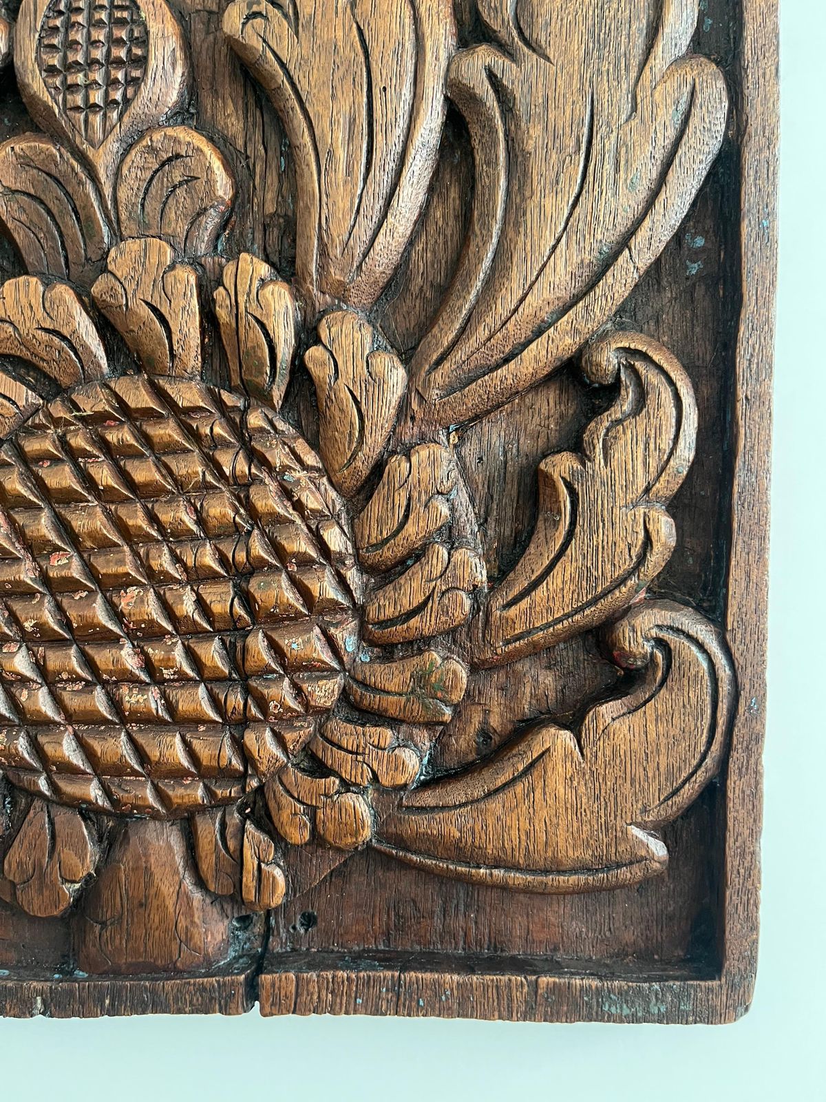 Antiek handgesneden eikenhouten paneel, zonnebloem en bladeren, waarschijnlijk Frans, 18e eeuw photo vintage