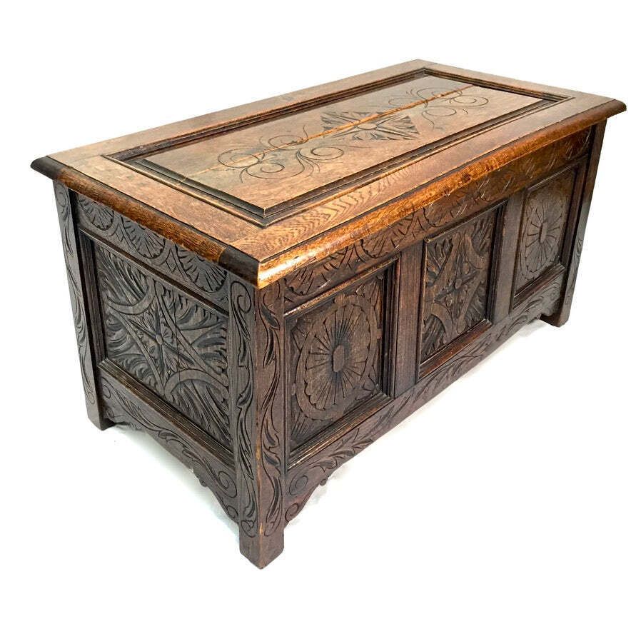 Antique Wooden Oak Hand Craved Panelled Storage Blanket Box / Coffer C.1900